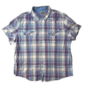 Vintage Red Shirt Mens XL Purple Plaid Western Embroidered Pearl Snap S/S